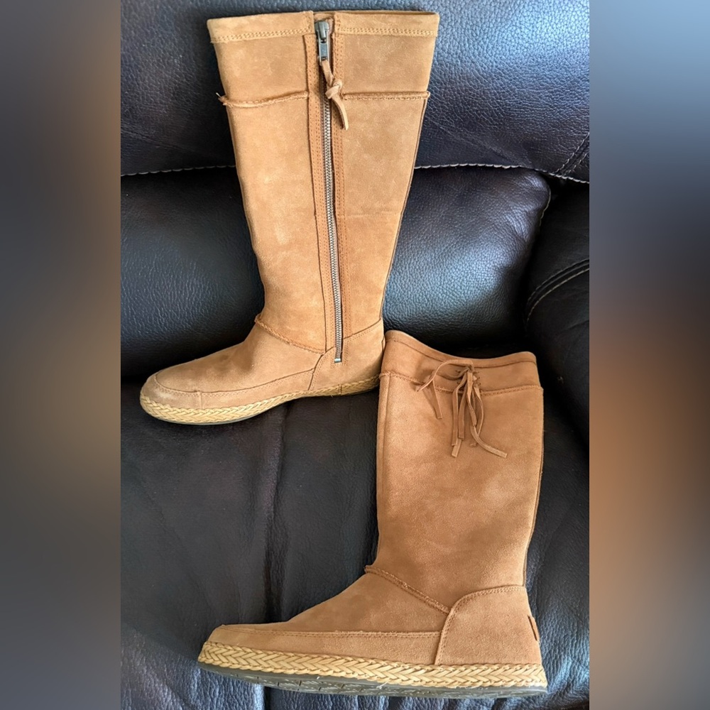 UGG Tan Suede Knee-High Boots with Tassels